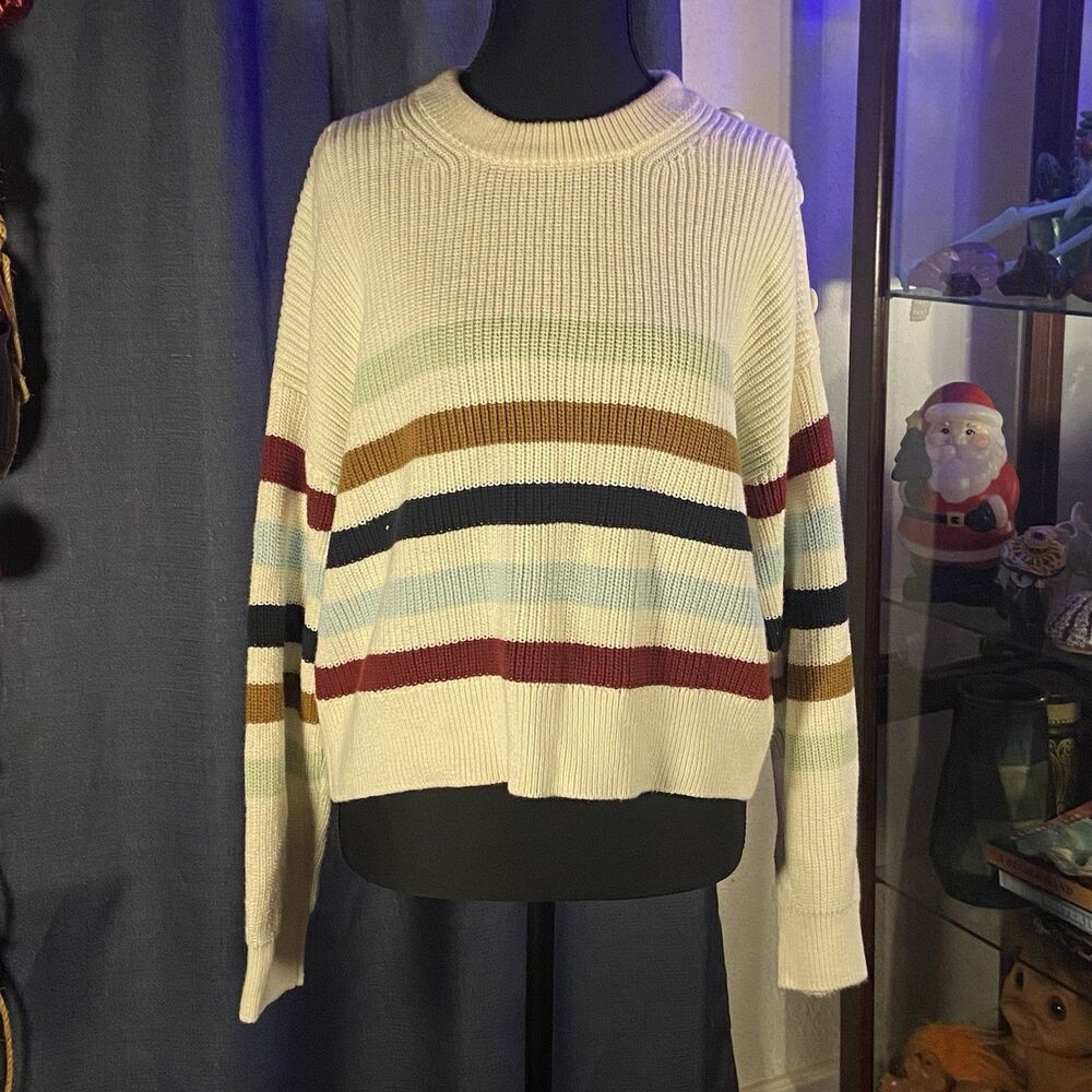 Womens Adyson Parker szM Knit Sweater Cream with Stripes Buttons on Shoulder